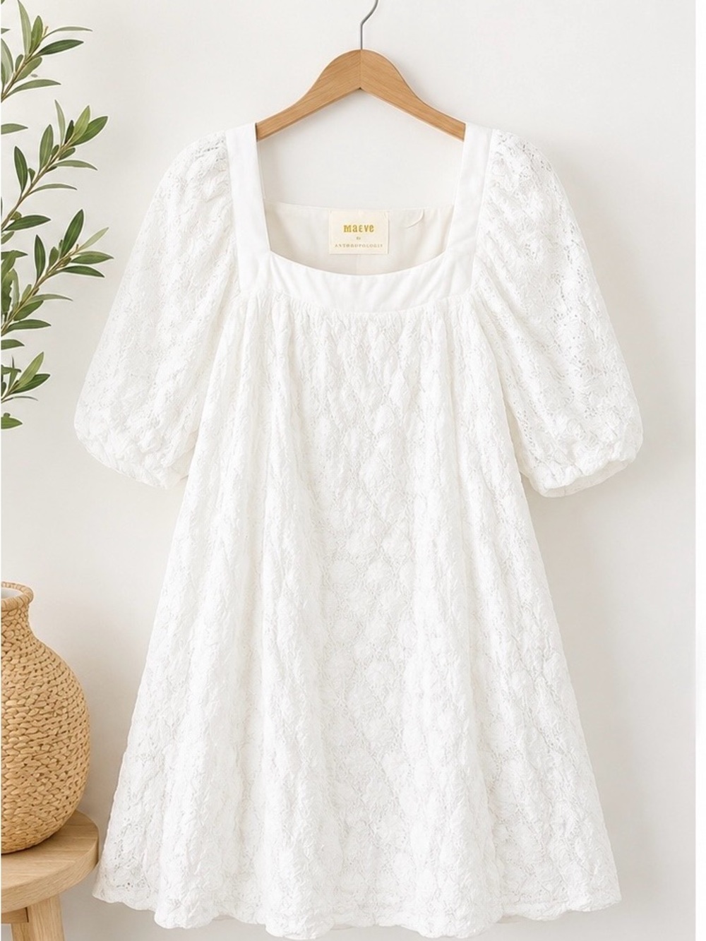 Maeve Cream Lace Square-Neck Dress with Puff Sleeves